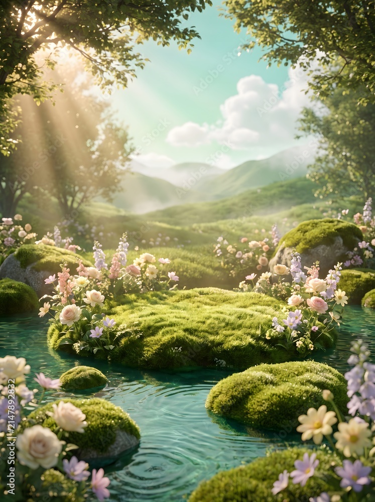 Naklejka premium Enchanted Garden with Mossy Rocks and Blooming Flowers Under Sun Rays in a Peaceful Mountain Valley