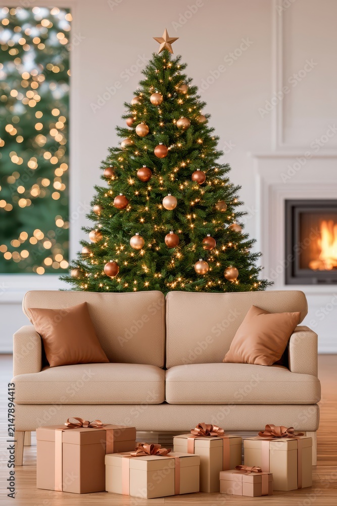 Obraz premium Decorated Christmas tree glowing with warm fairy lights beside sofa and gift boxes