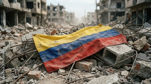 A tattered colombian flag lying on of concrete rubble and twisted metal debris in a destroyed city street after a conflict event