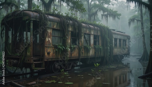Abandoned vintage train car in a misty swamp, overgrown rusty locomotive in a foggy bayou, post-apocalyptic scene with moss and vines in a dark forest