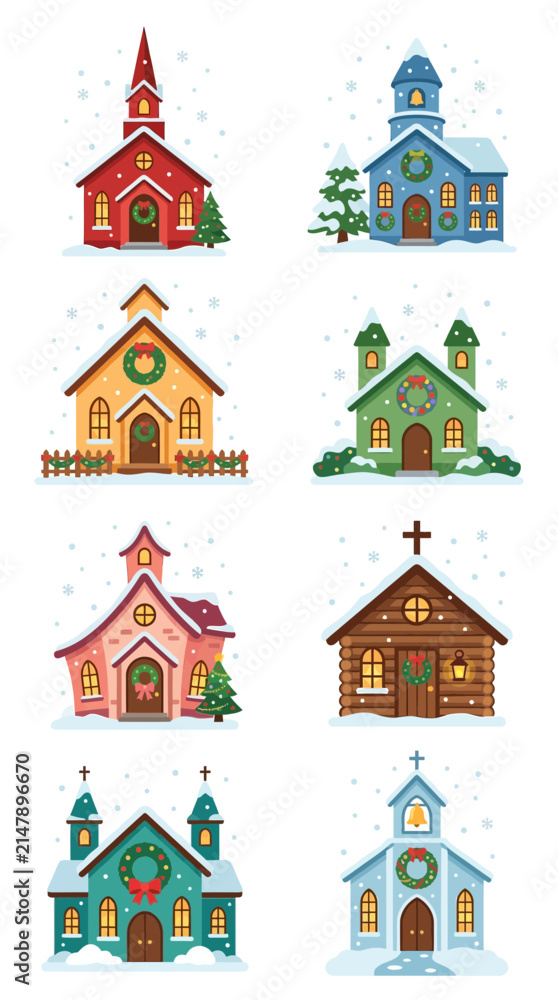 Naklejka premium Collection of Festive Christmas Churches in Snow