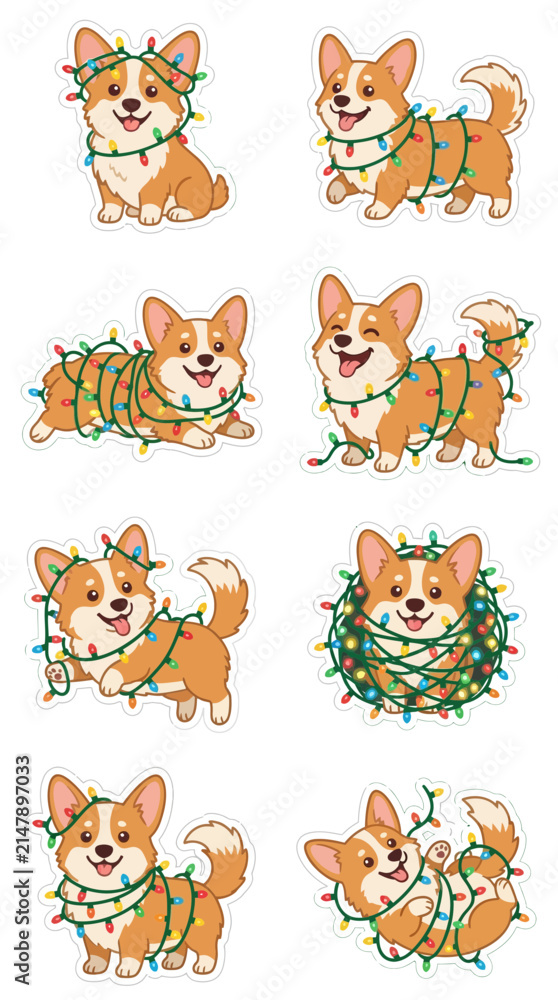 Fototapeta premium Cute Corgi Dogs Wrapped in Christmas Lights