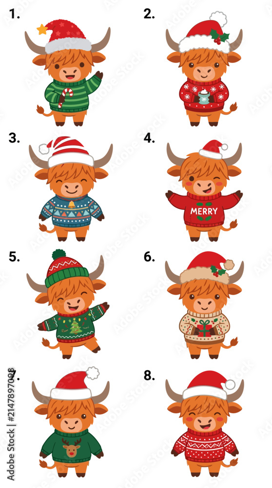 Naklejka premium Cute Highland Cow Christmas Illustrations Set