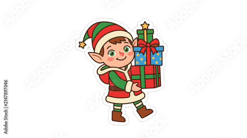 Cute Elf Carrying Stack of Christmas Gifts