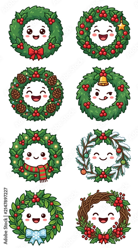 Fototapeta premium Cute Kawaii Christmas Wreaths Collection
