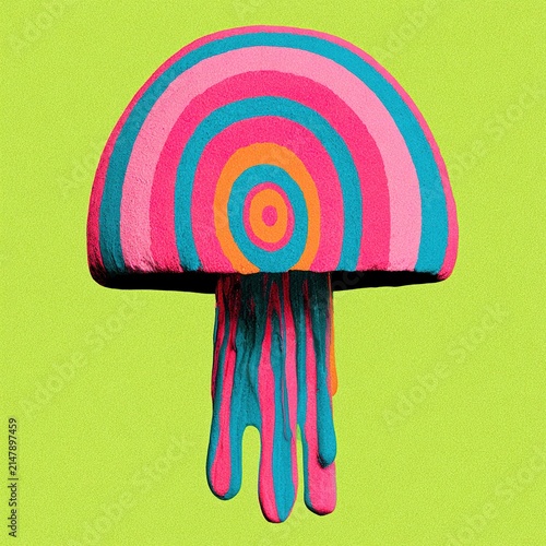Vibrant psychedelic mushroom with dripping tentacles on a bright green background