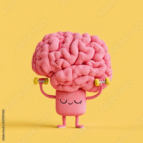 Cartoon brain character lifting weights to represent mental fitness and strength