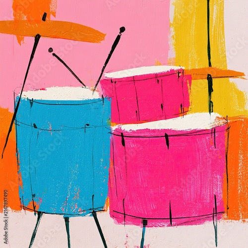 Vibrant abstract painting of a drum kit with bold colors and energetic strokes