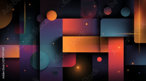 Abstract geometric composition with warm and cool tones, featuring layered shapes and subtle glowing highlights