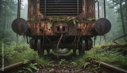 Rusty vintage train engine abandoned in a foggy forest, overgrown locomotive on mossy tracks, atmospheric post-apocalyptic scenery in the woods