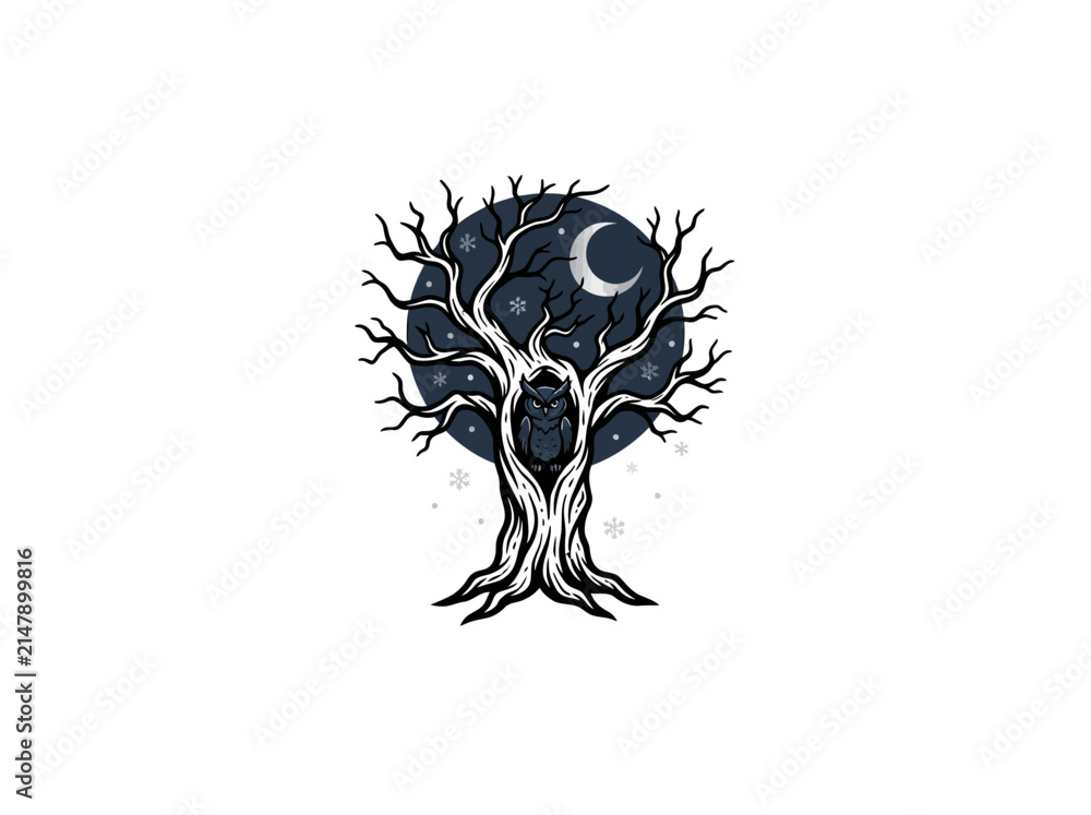 Fototapeta premium Eerie Winter Night Scene Featuring A Gnarled Tree With An Owl Nestled In Its Branches Under A Crescent Moon Backdrop And Gentle Snowflakes Vector Illustration