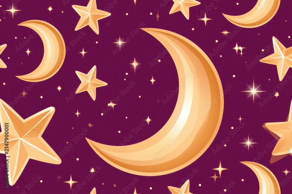Naklejka premium Golden crescent moons and stars on deep purple background with sparkles