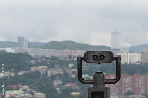 Konstfotografi Public Observation Binoculars with Panoramic View of Vladivostok City, close-up