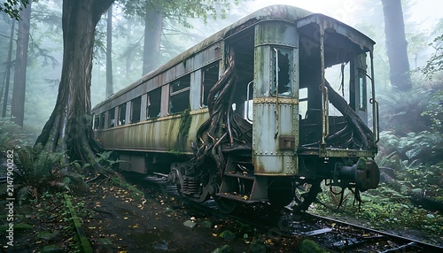 Abandoned vintage train carriage in misty forest, overgrown rusty locomotive car reclaimed by nature, post-apocalyptic woodland scenery with fog