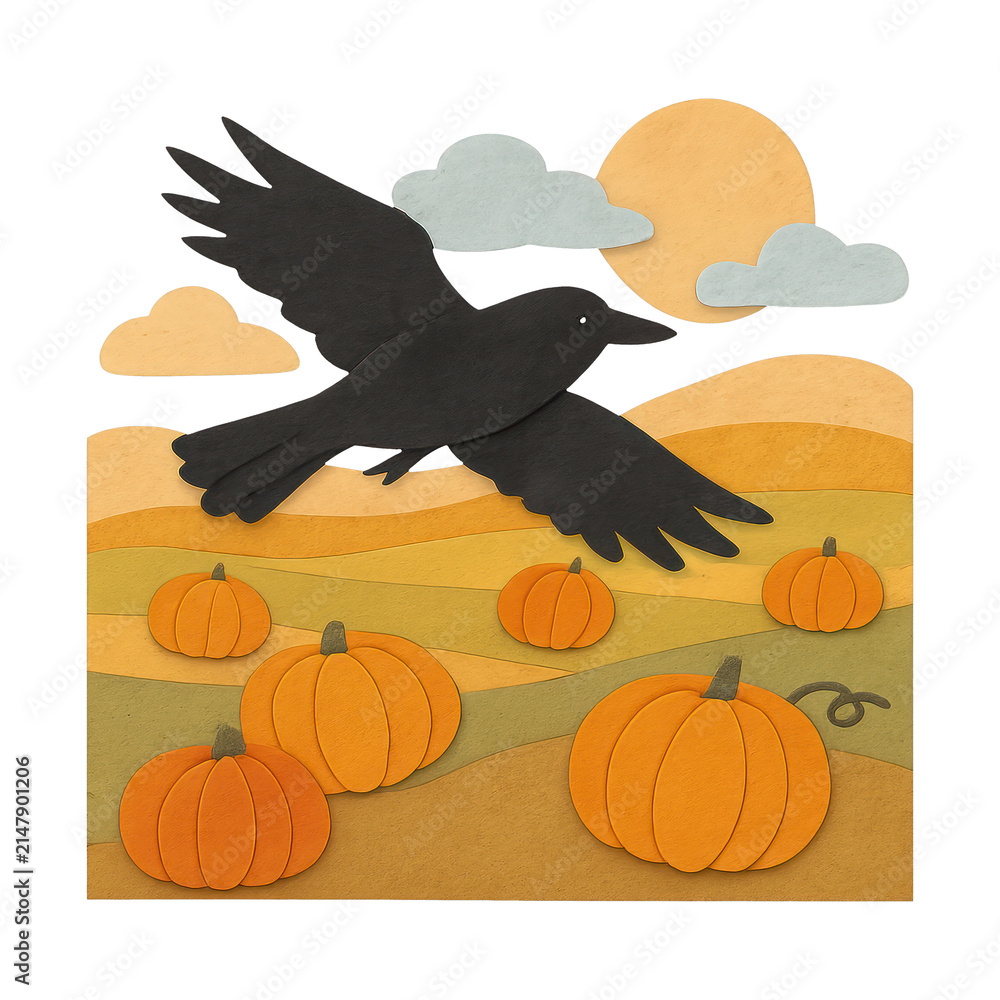 Fototapeta premium PNG Autumn crow flying over pumpkins