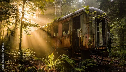 Abandoned vintage train carriage in a misty forest, rusty locomotive car overgrown with moss, ethereal sunbeams through trees in a post-apocalyptic woodland