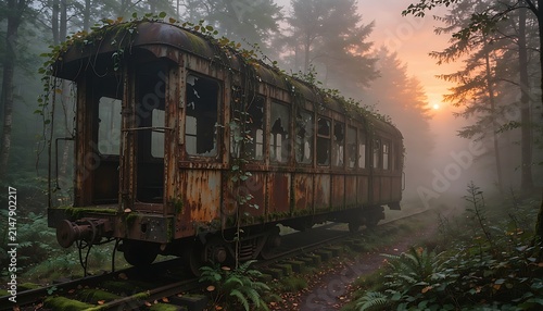 Abandoned vintage train car in a misty forest, rusty derelict railway carriage overgrown with moss and vines, post-apocalyptic woodland scene at sunset