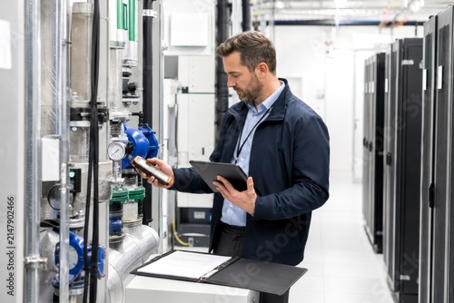 Data center energy efficiency sustainability server room technician inspecting industrial pipe system