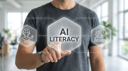 Man touching virtual screen displaying AI literacy education technology