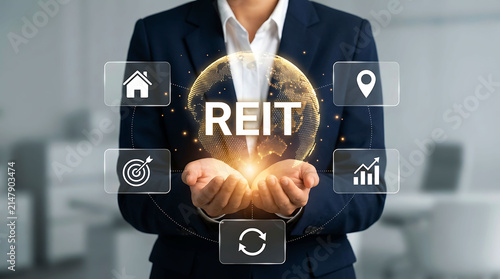 REIT real estate investment trust concept businessman holding digital globe