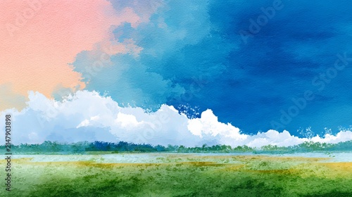Abstract watercolor landscape with vibrant sky and green field, evoking tranquility and natural beauty