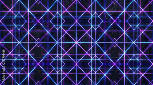 Seamless futuristic abstract background featuring a glowing laser grid with intersecting neon beams and geometric lines, creating a high tech digital texture ideal for technology, gaming, cyber, scien