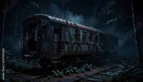 Abandoned vintage train carriage in dark forest, rusty old railway car at night, spooky derelict locomotive in foggy woods, cinematic horror scene