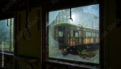 Abandoned vintage train carriage in a misty forest, view through a broken window of an old railway car, post-apocalyptic overgrown nature scene