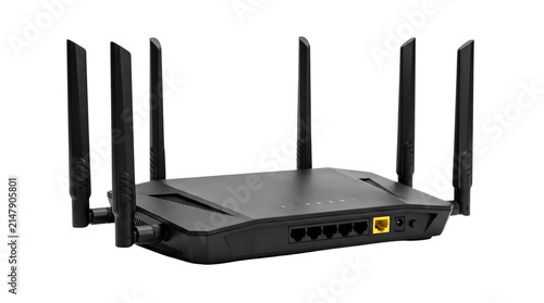 Foto Modern wireless router with six antennas, high-speed dual-band wifi router for h