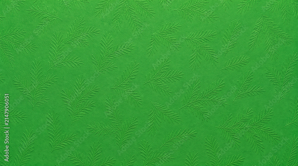 Obraz premium Green Textured Paper With Embossed Fir Branch Patterns, Festive Nature Background For Christmas Stationery