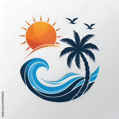 Tropical beach scene with palm tree sun and ocean waves illustration