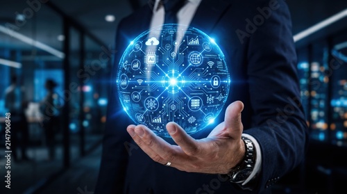 Businessman hand holding futuristic glowing blue digital sphere with artificial intelligence icons, data network connection, cloud computing, cybersecurity, internet of things