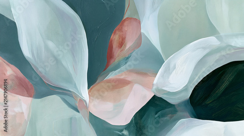 Soft abstract floral painting in pastel greens, pinks and blues with flowing petal shapes