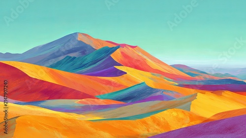 Abstract mountain landscape with vibrant hues and bold brushstrokes, showcasing a striking, colorful vista
