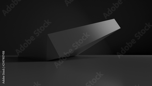 Minimal dark still life featuring a geometric ramp-like sculpture on a platform, strong contrast and soft highlights creating dramatic shadows and a modern architectural abstract mood. 3d render 