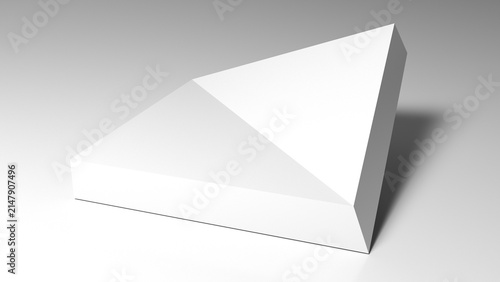 Minimal white triangular object rendered in studio lighting, showcasing geometric form, clean surfaces, soft shadow and modern minimal design ideal for product mockups, architecture visuals, 3d render
