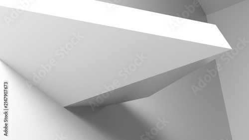 Minimal white architectural composition featuring intersecting geometric planes, angled ceilings and strong directional light creating dramatic shadows and depth. Clean abstract mood. 3d rendering