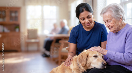 therapy dog and a female volunteer visit a nursing home, elderly white American woman gently pets a calm golden retriever, copy space for text about dog volunteers and the concept of animal helpers