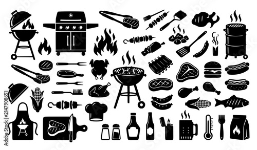 Barbecue grill icon collection with cooking tools and grilled food symbols in modern black silhouette vector design