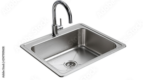 Modern stainless steel sink with chrome faucet, isolated on a transparent background, kitchen sink bathroom sink