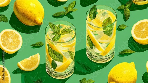 Refreshing lemon water with mint and citrus slices on a vibrant green background, a summery beverage