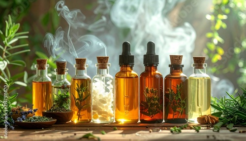Glass Bottles of Essential Oil and Spices Isolated on White Background for Natural Medicine, Pharmacy, Healthcare, and Aromatherapy Concepts