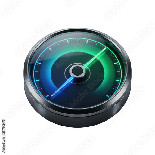 Digital speedometer gauge icon. Modern dashboard interface with glowing neon indicator.