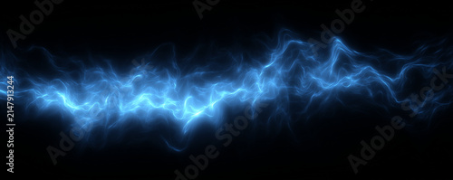 Electric blue plasma energy wave flowing on black background. lightning, smoke, or high-tech energy. Glowing lightning arc and high tech abstract banner