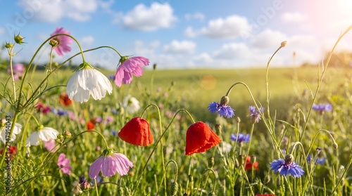 Vibrant wildflower meadow blooming under a bright sunny summer sky.