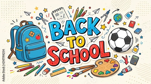 Bright Back to School Illustration Featuring Supplies and Sports on Light Canvas