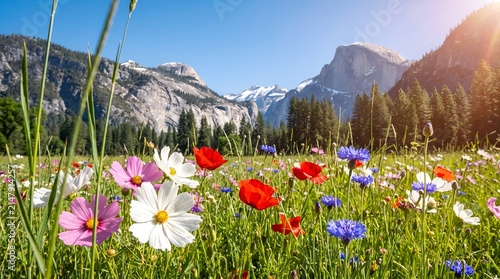 Vibrant wildflower meadow in front of the iconic Half Dome mountain in Yosemite National Park.