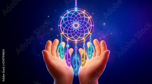 Dreamcatcher in Hands Ethereal Glowing Neon Concept, 3D Glowing Native American Dream Catcher, Spiritual Protection, Magic Night Sky, and Hope Banner Background