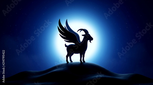 Winged Goat Silhouette Full Moon Night Concept, 3D Mythological Flying Goat, Capricorn Horoscope, Fantasy Night Sky, and Mystical Creature Banner Background