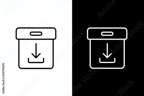 Minimalist line icon of a box package with downward arrow symbol for digital software downloads and file storage updates